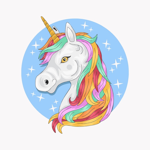 Vector genial ilustración de unicornio con cabello colorido