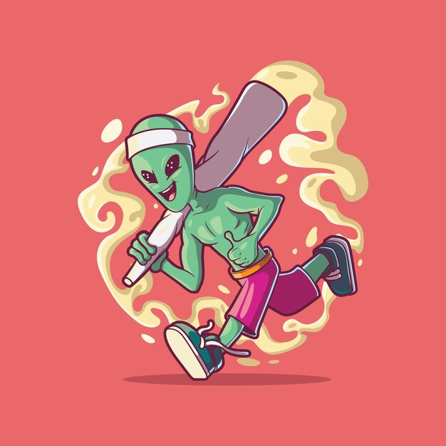 Genial personaje alienígena corriendo con una ilustración vectorial conjunta Concepto de diseño de marca con logotipo de malezas