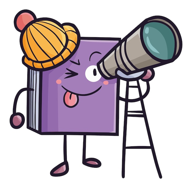 Vector genial personaje de libro morado mirando la ilustración de dibujos animados de estrellas