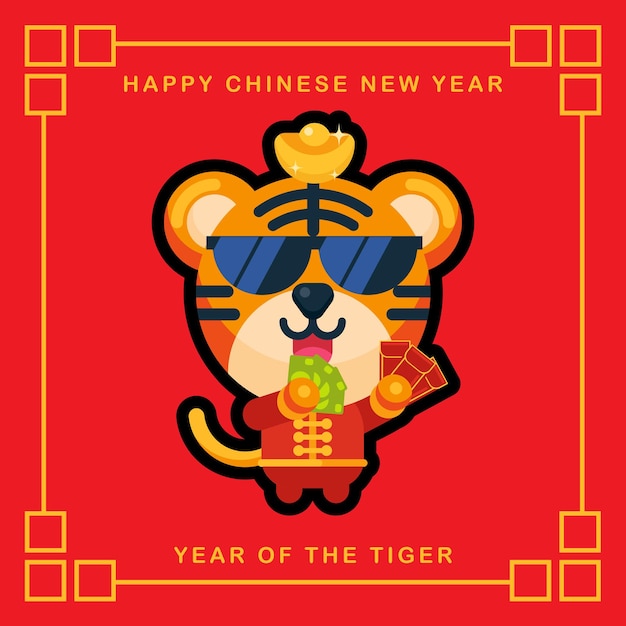 Genial personaje de mascota de tigre animal de dibujos animados chibi celebrando el año nuevo chino