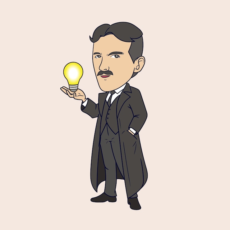 Vector el genio inventor con la bombilla ilustración de dibujos animados de nikola tesla