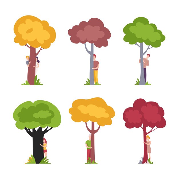 Gente abrazando árboles conjunto Amor por la naturaleza estilo de vida ecológico preservación del medio ambiente armonía con la naturaleza ilustración vectorial de dibujos animados