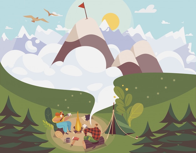 Gente acampando al aire libre, hombre y mujer planeando la ruta a la cima de la montaña, ilustración