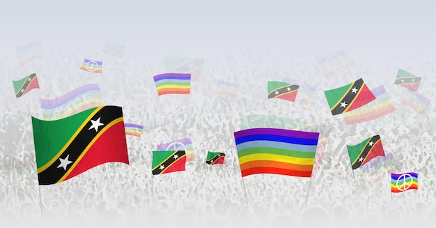 Gente agitando banderas de la paz y banderas de Saint Kitts y Nevis Ilustración de una multitud celebrando o protestando con la bandera de Saint kitts y nevis y la bandera de la paz