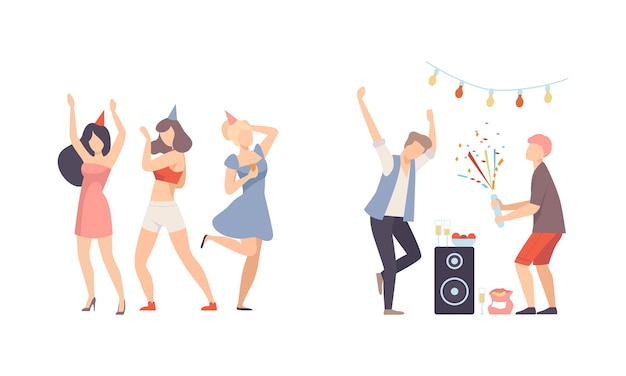 Gente alegre personaje en sombrero de cono bailando y bebiendo cócteles celebrando fiestas conjunto de ilustraciones vectoriales