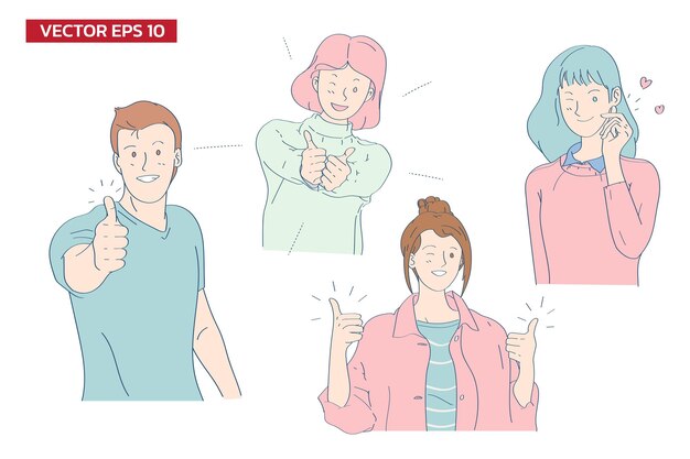 Gente alegre con los pulgares en alto en un juego de ilustraciones vectoriales planas de colores suaves y emocionales