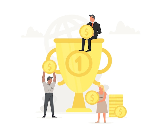 La gente almacena y recoge dinero en un gran trofeo, una gran copa de oro con pequeños hombres de negocios a su alrededor.