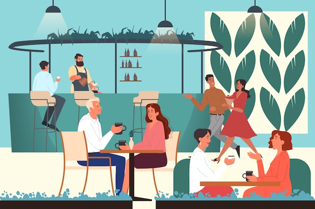 Vector gente almorzando en la cafetería. personajes femeninos y masculinos beben café en la cafetería. reunión de negocios y cita romántica en cafetería, interior de cafetería.