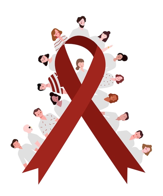 La gente alrededor de la cinta roja conciencia solidaridad sobreviviente del VIH día del SIDA con estilo plano