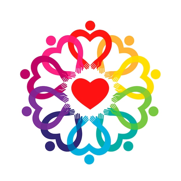 Gente alrededor de un corazón Concepto de solidaridad amor y paz
