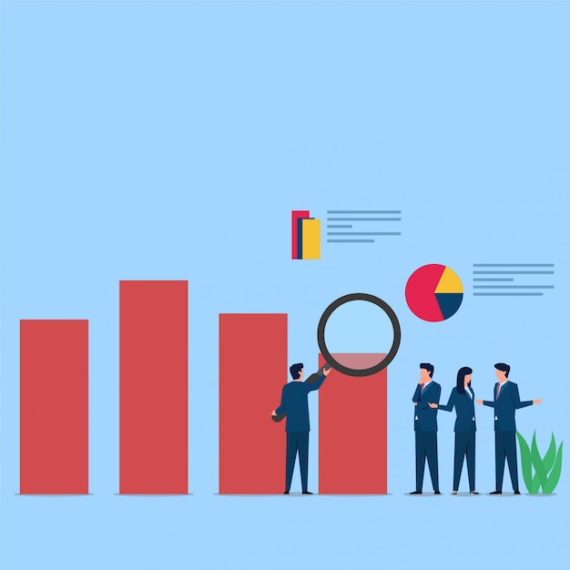 La gente analiza el gráfico y discute para el desarrollo. Ilustración de concepto plano de negocios.