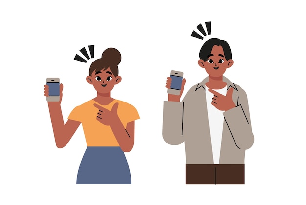 La gente apunta en la pantalla vacía de los teléfonos móviles establece la ilustración vectorial. chara masculino y femenino de dibujos animados