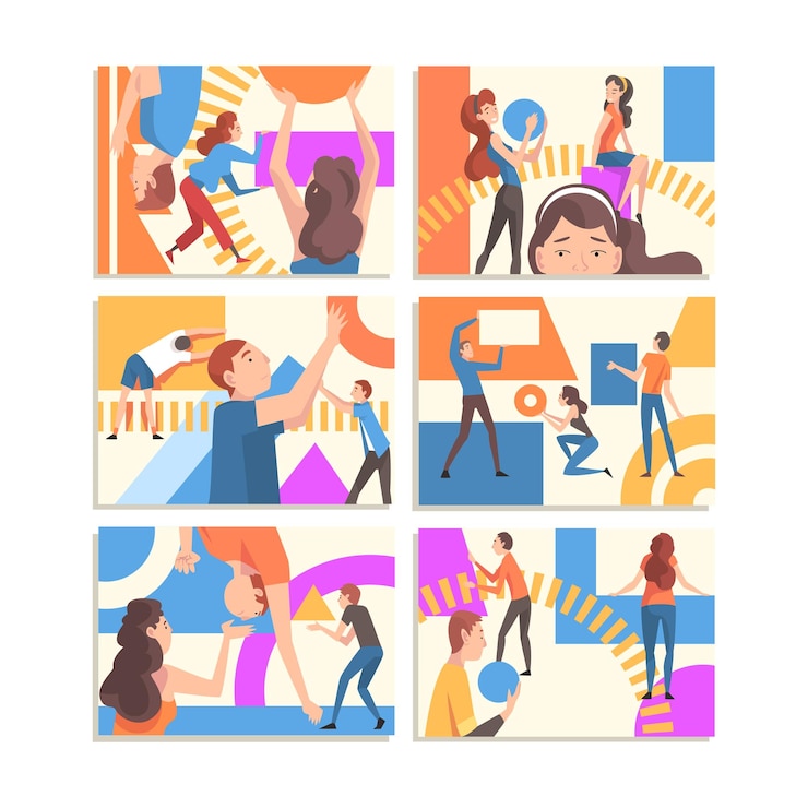 Vector gente arreglando formas geométricas abstractas conjunto hombres y mujeres sosteniendo círculo cuadrado triángulo figuras ilustración vectorial de dibujos animados