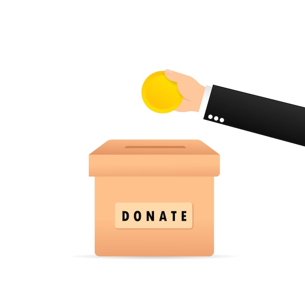 La gente arroja monedas de oro en una caja para donaciones. Monedas en mano. Caja de donación. Sonate, dando dinero. Vector sobre fondo blanco aislado. EPS 10.