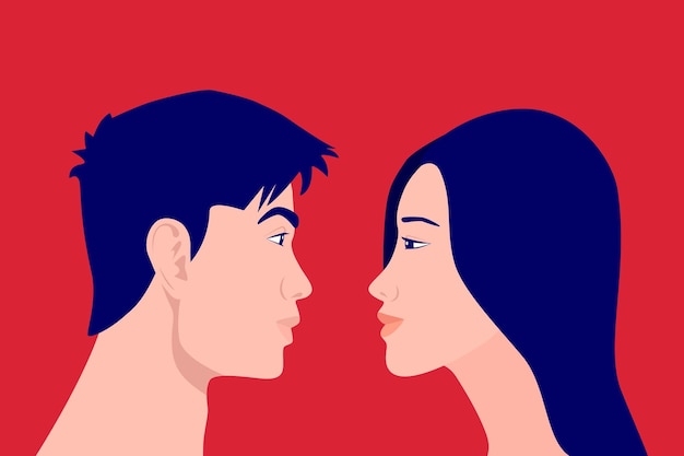 Gente asiática Hombre y mujer se miran en la distancia Cuarentena Coronavirus Concepto COVID2019 Relación Comunicación Amor Amistad Familia Vector Dibujos animados en estilo plano