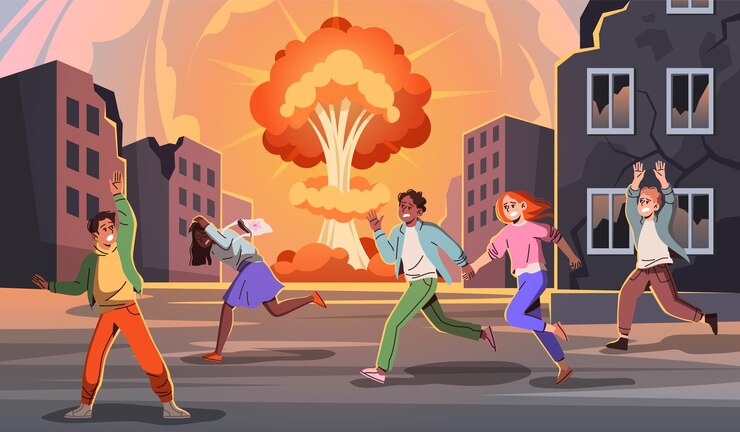 Vector gente asustada huyendo ciudad destruida calles de guerra explosiones residentes asustados huyendo en pánico edificios rotos pareja asustada grita personajes dibujos animados vectoriales concepto aislado plano