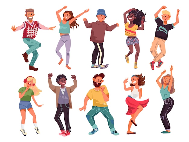 Vector gente bailando. adolescentes felices de dibujos animados, baile joven moderno. fiesta de música divertida, grupo aislado de amigos adultos celebran fest vector set. baile niña y niño juntos, ilustración de actividad emocionada