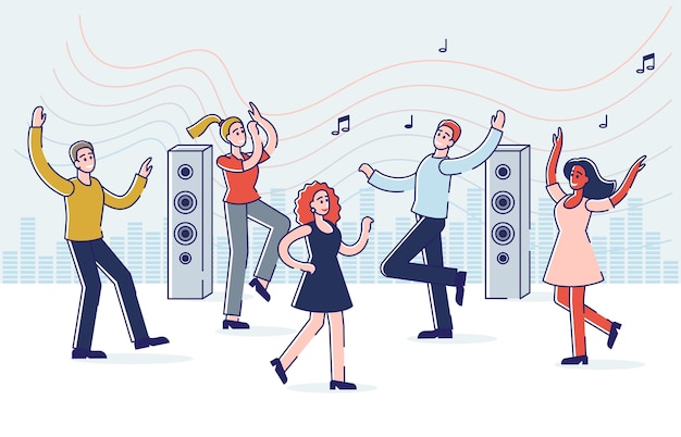 Gente bailando y disfrutando de la música Grupo de personajes de dibujos animados jóvenes en fiesta de celebración