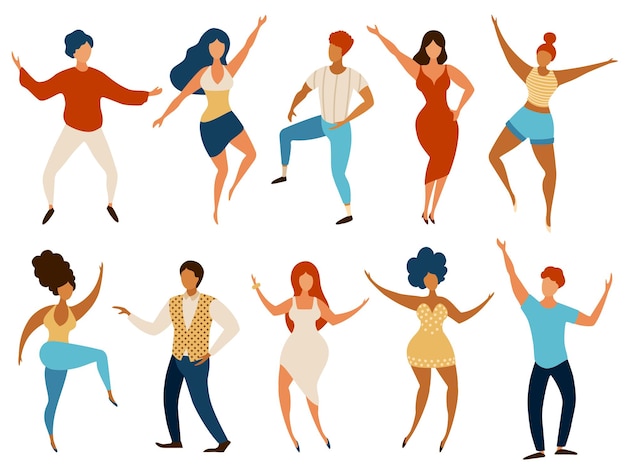 Gente bailando. Felices hombres y mujeres jóvenes bailan y se divierten. Compañía de bailarines de fiesta de dibujos animados. Adolescentes y niños en el club, conjunto de vectores. Ilustración gente discoteca alegre entretenimiento