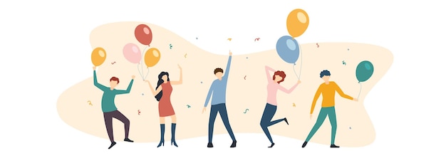 Gente bailando y fiesta de cumpleaños con globos