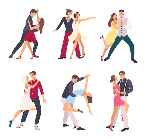Gente bailando salsa. Parejas, hombre y mujer en baile, en diferentes posturas. Conjunto de ilustración plana colorida.