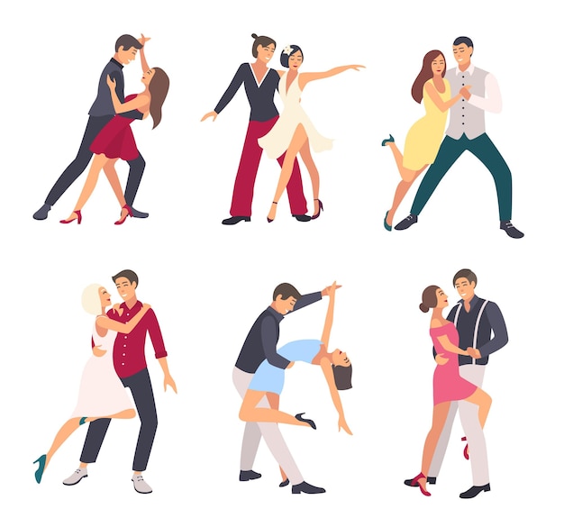 Gente bailando salsa. parejas, hombre y mujer en baile, en diferentes posturas. conjunto de ilustración plana colorida.