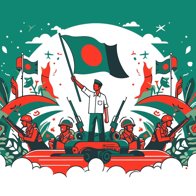 Vector gente y bandera con celebración del día de la independencia de bangladesh