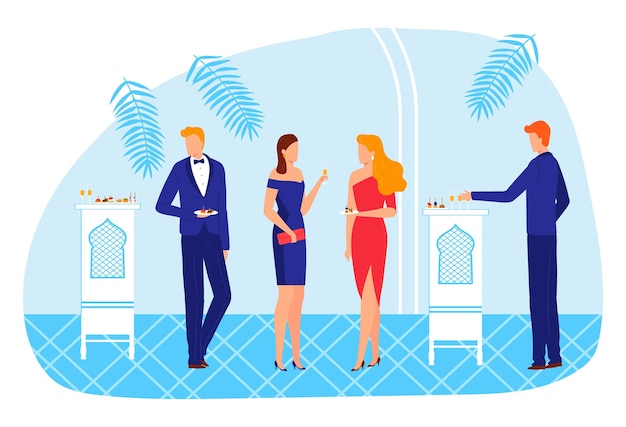 Gente de banquete de fiesta con ilustración de vector de bebida plana Evento de dibujos animados con celebración de lujo de vino para hombre mujer gente personaje