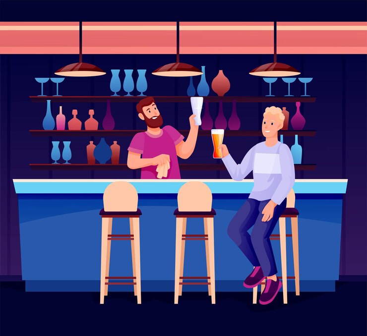 Vector gente en el bar nocturno o barman en el mostrador limpiando vidrios joven feliz sentado y bebiendo cerveza recreación moderna y chico de descanso en el restaurante en taburete