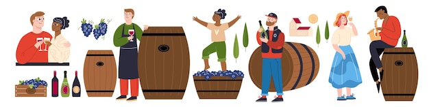 La gente bebe vino industria vinícola cosecha de uva sommelier personajes probando bebida natural pareja romántica con vasos barriles de madera producción de alcohol conjunto de enólogos de vector chillón