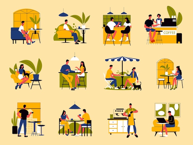 Gente bebiendo café mientras trabaja en una computadora portátil hablando con amigos sentados en un café plano conjunto aislado ilustración vectorial