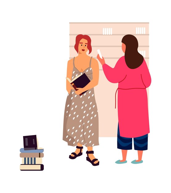Gente en la biblioteca Concepto de amantes de los libros Dibujos animados leyendo estudiantes universitarios Mujeres jóvenes de pie cerca de la estantería Mujeres eligiendo libros de texto para estudiar Clientes vectoriales en librería