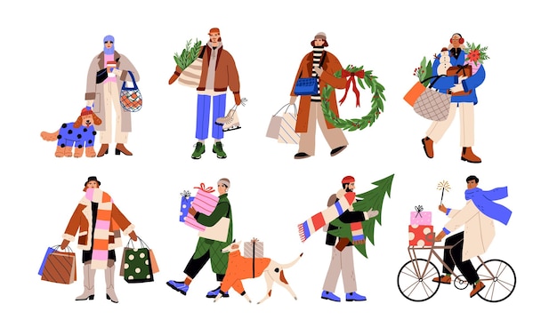 La gente va con la bolsa de regalos árbol de Navidad después de las compras de invierno preparándose para las vacaciones de Navidad hombres felices mujeres en el invierno al aire libre ilustraciones vectoriales gráficas planas aisladas sobre fondo blanco