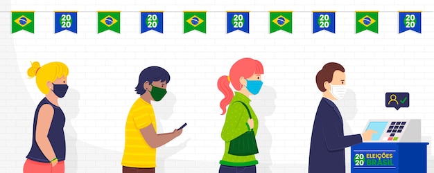 Gente de brasil cola de votación con mascarilla