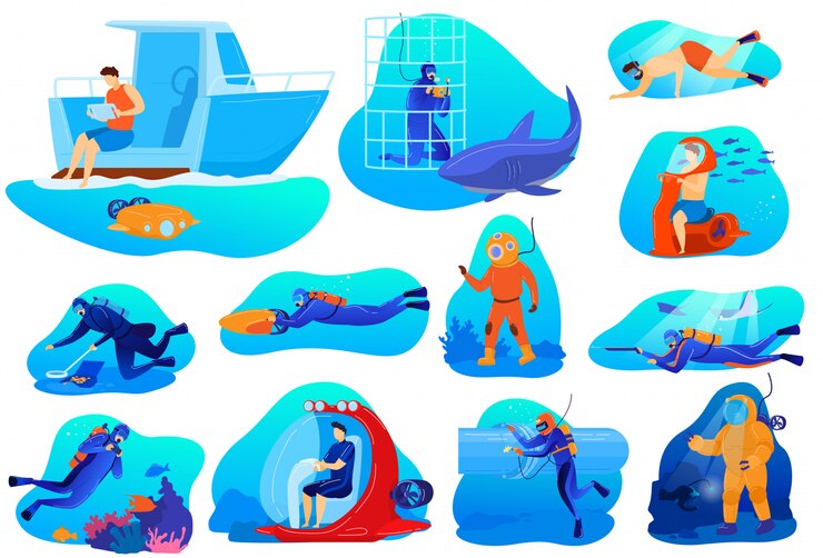 Vector la gente bucea ilustraciones, personaje de buzo de dibujos animados en traje de máscara de buceo explorando los arrecifes de coral bajo el agua, nadando con peces