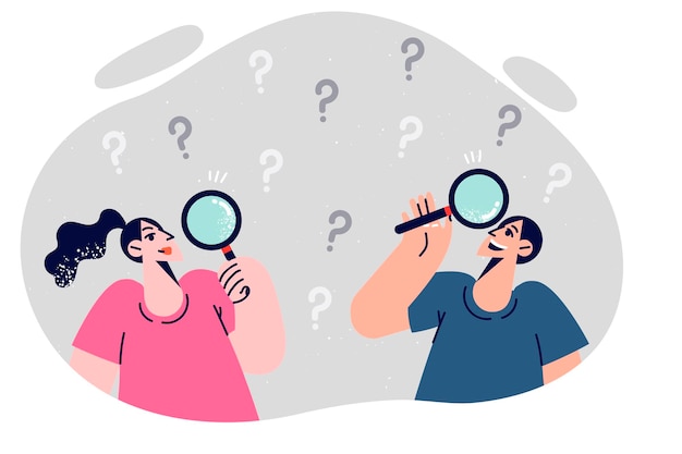 La gente busca respuestas a las preguntas usando lentes de ampliación para encontrar soluciones