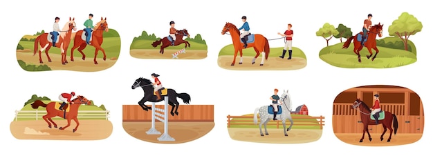 Gente a caballo Instructor lección de paseo a caballo mujer ecuestre hombre jinete sentado salto caballo jinete objetivo niño montando pony equitación ingeniosa ilustración vectorial de entrenamiento de caballo jinete