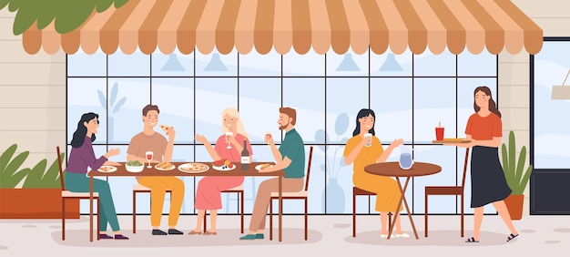 Gente en un café al aire libre Hombre y mujer sentados en mesas en la calle de la ciudad contra fachadas de edificios Personajes comiendo pizza