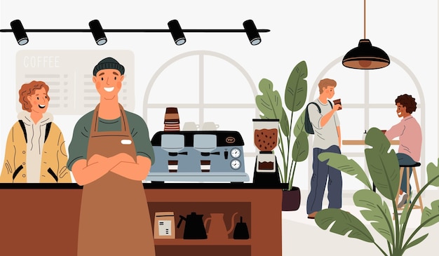 La gente en el café Las personas felices beben capuchino o americano en la mesa de la cafetería El interior del café Los amigos charlan en el bar El barista detrás del mostrador haciendo café