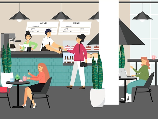 La gente en la cafetería trabaja y bebe café, ilustración de vector de concepto. los clientes compran café en la cafetería.