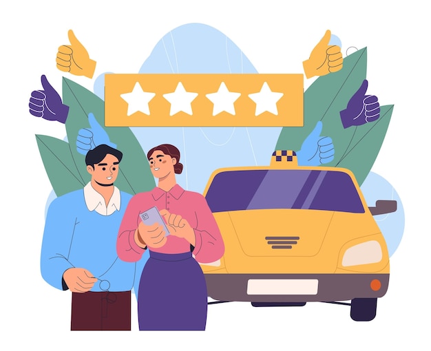 La gente califica el taxi hombre y mujer dejan la opinión de los usuarios y clientes en internet móvil