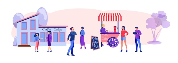 La gente de la calle de la ciudad la cola el carrito de la calle con café Ilustración vectorial moderna Minimalismo
