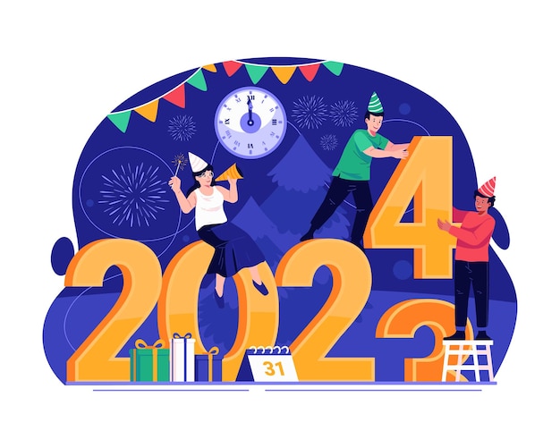 Vector la gente está cambiando la letra del año en preparación para el nuevo año 2024