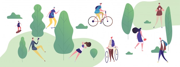 La gente camina y se relaja en el parque, ilustración de actividades al aire libre