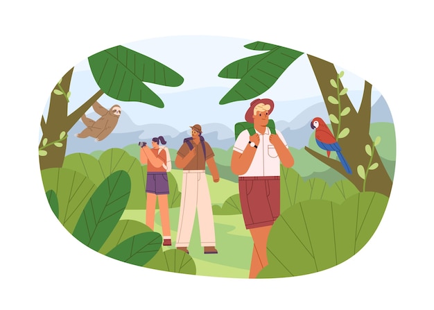 Vector gente caminando en el bosque de la selva. excursionistas que exploran la naturaleza, las plantas y los animales en la selva tropical. turistas con mochilas y cámara. aventura de verano. ilustración de vector plano aislado sobre fondo blanco