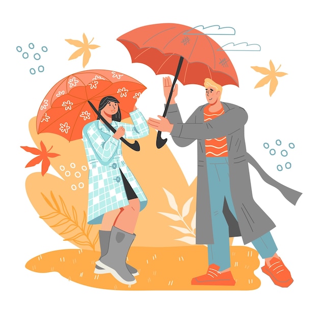 Gente caminando en un día de otoño bajo paraguas ilustración vectorial plana aislada en blanco