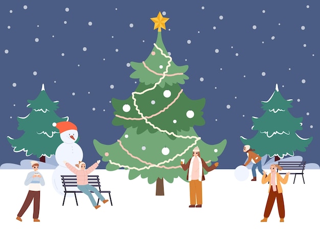 Gente caminando en invierno conociendo amigos en el árbol de Navidad Xmas o fiesta al aire libre de Año Nuevo en el parque de la ciudad ilustrado por vectores de dibujos animados felices para adolescentes