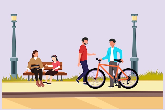 Gente caminando jugando montando bicicleta en el parque de la ciudad Actividades al aire libre concepto vector de color