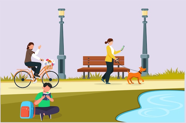 Gente caminando jugando montando bicicleta en el parque de la ciudad actividades al aire libre concepto vector plano de color