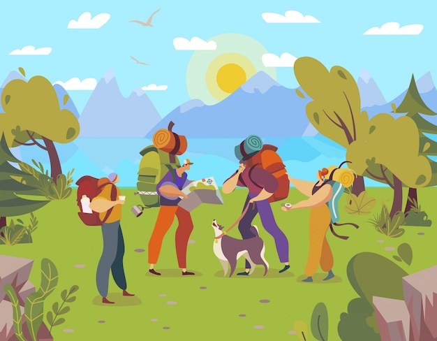 Vector gente caminando con mochilas, personajes de dibujos animados trekking en la naturaleza, aventura al aire libre, ilustración